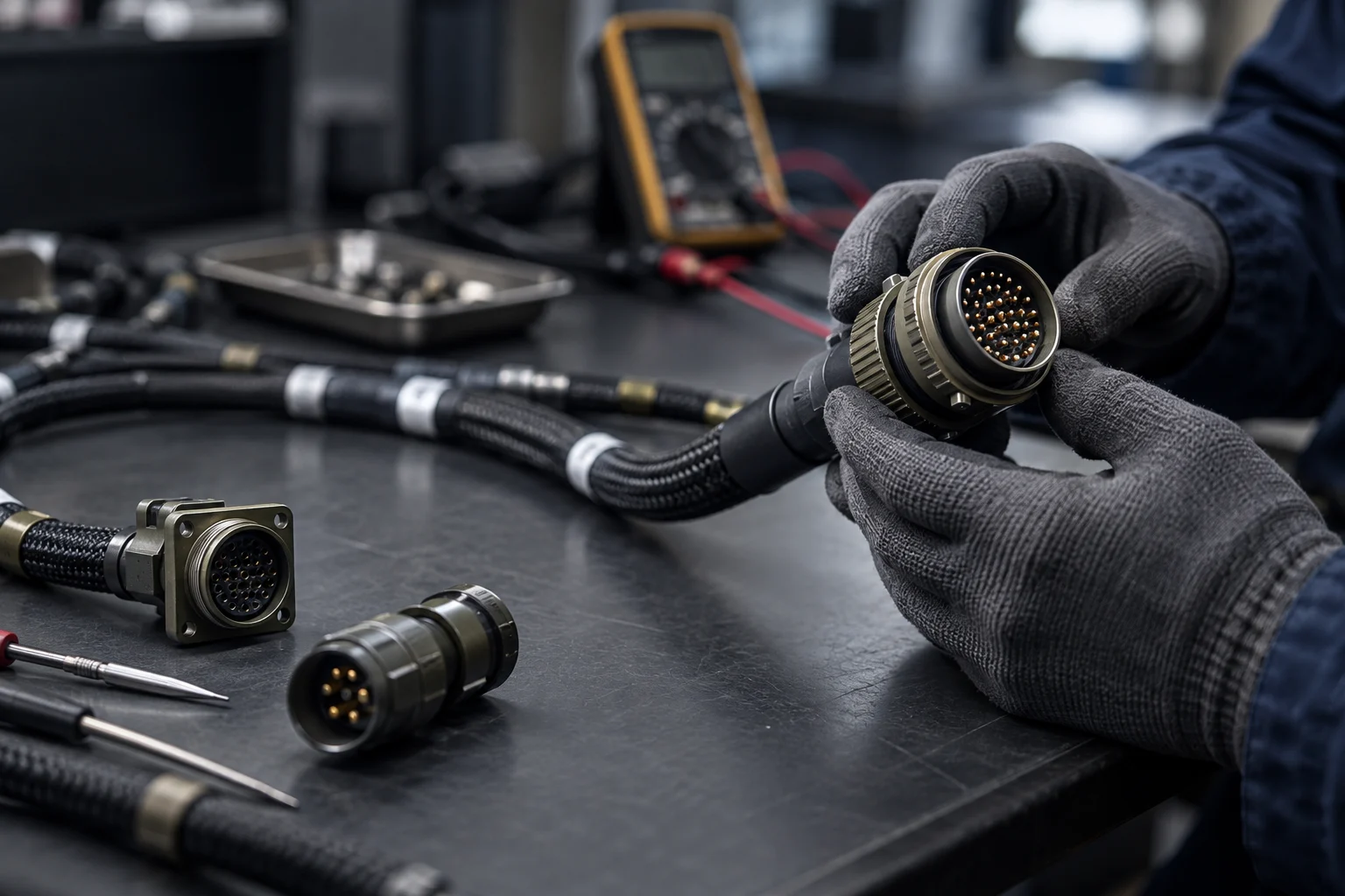 Illustrative close-up of cable connectors on an engineering bench