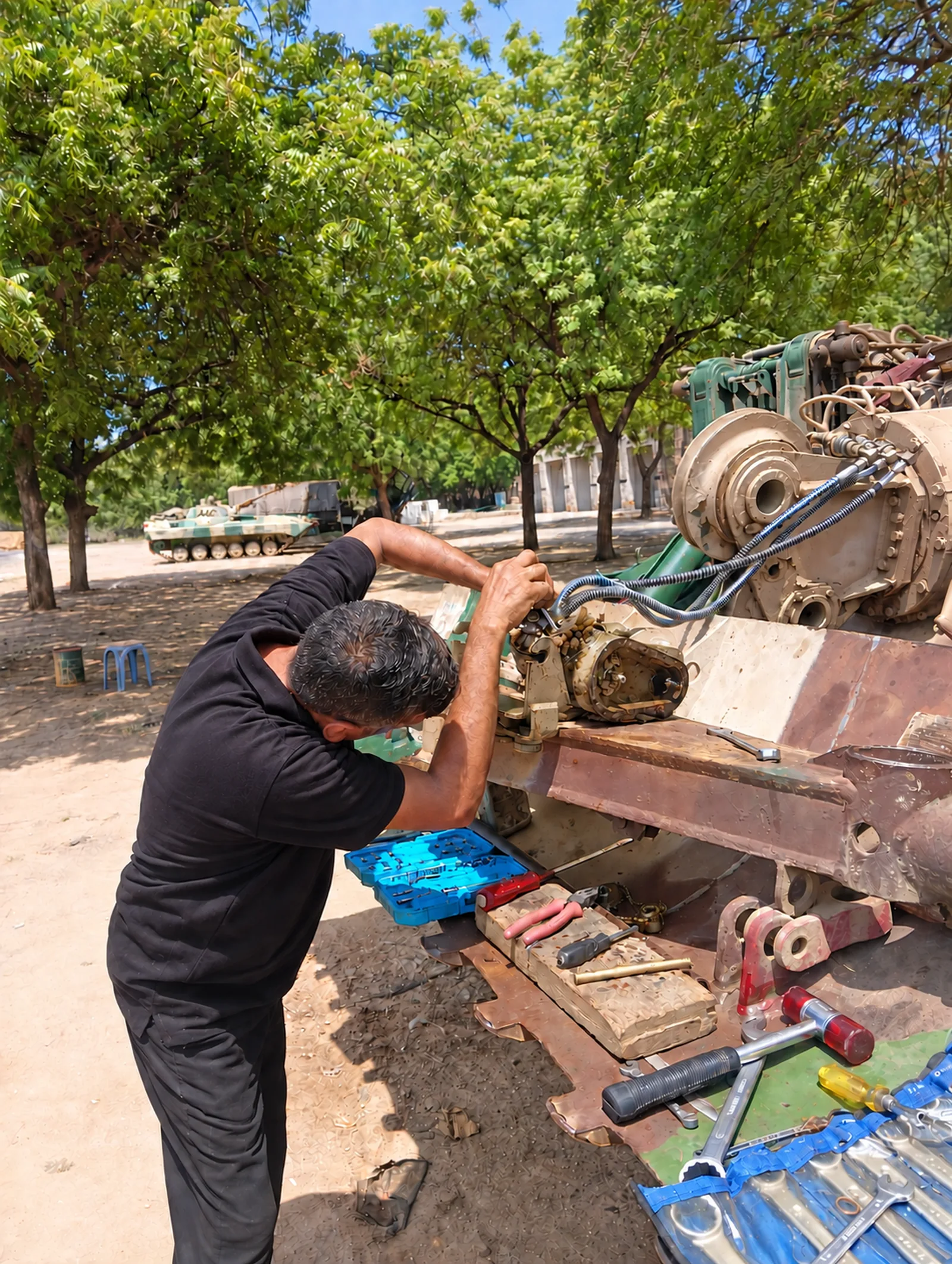 Technician servicing a mechanical assembly on a recovery vehicle