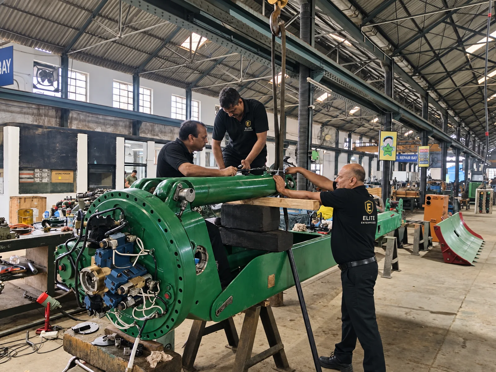 Technicians working on a mechanical assembly in a workshop, with Elite-branded clothing